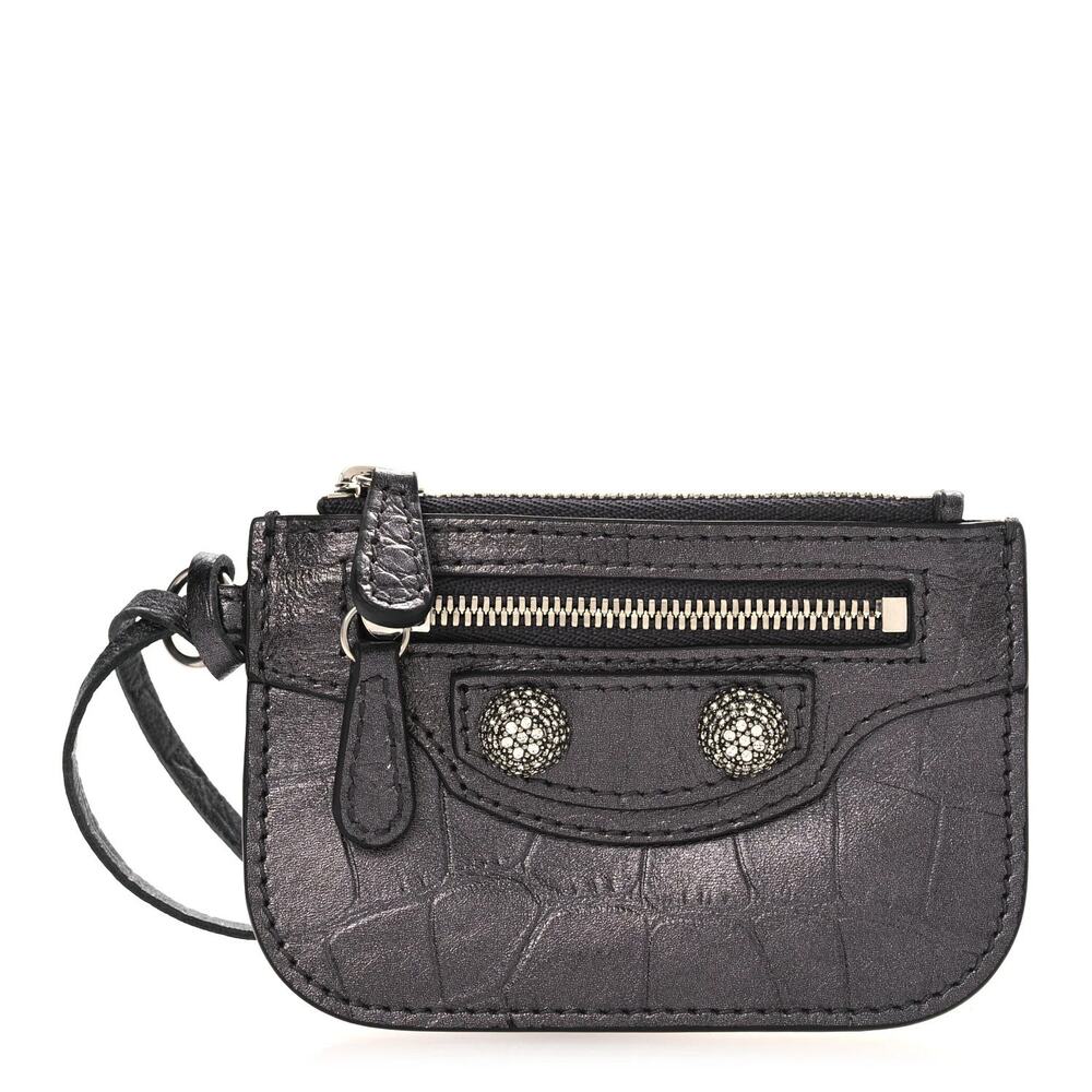 Balenciaga Le Cagole Croc Embossed Leather Coin Purse ~ Metallic Grey